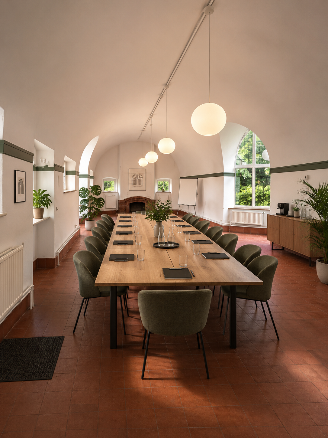 A barrel-vaulted room set boardroom-style around a long oak table, lit by globe pendants and arched windows
